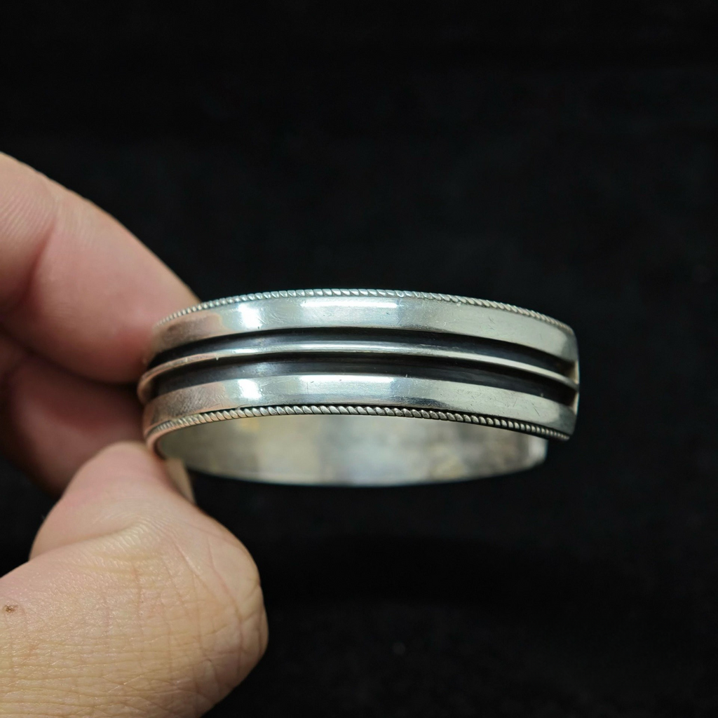 Minimalist Sterling Silver Cuff Bracelet with Dual Groove Design –  Handmade Polished Bangle