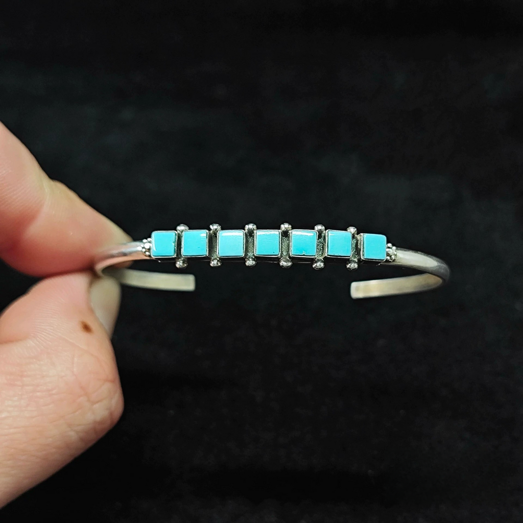 Sterling Silver Cuff Bracelet with Square Turquoise Inlays – Handmade Zuni-Style Minimalist Bangle