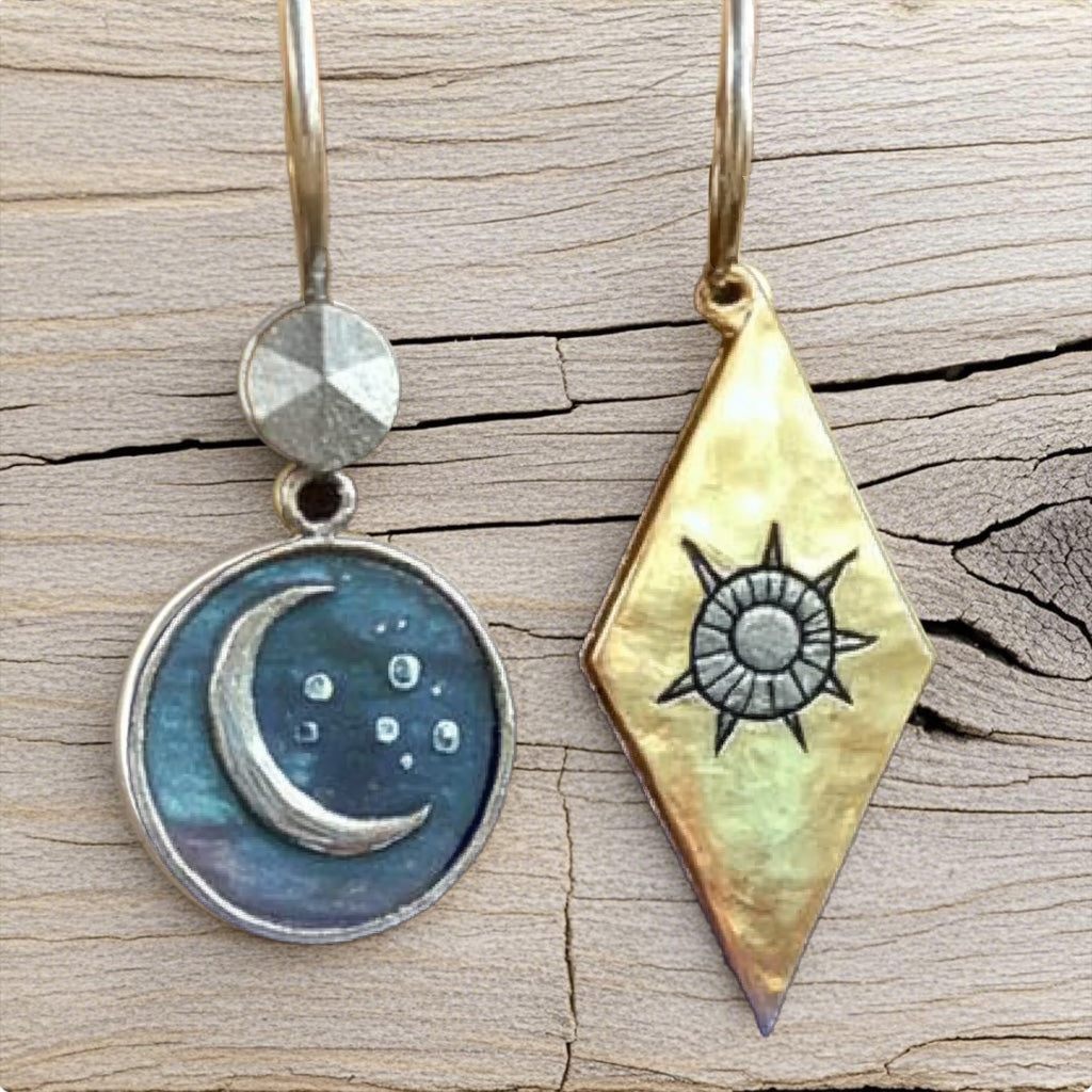 Sun & Moon Mismatched Earrings – Celestial Mixed Metal Dangles with Night and Day Design