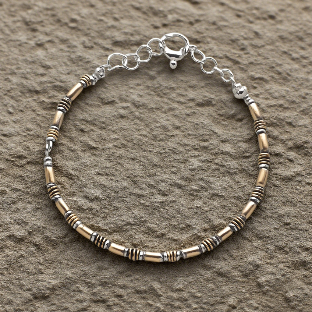 Minimalist Two-Tone Tube Bead Bracelet – Handcrafted Brass & Silver Plated Adjustable Chain for Men & Women