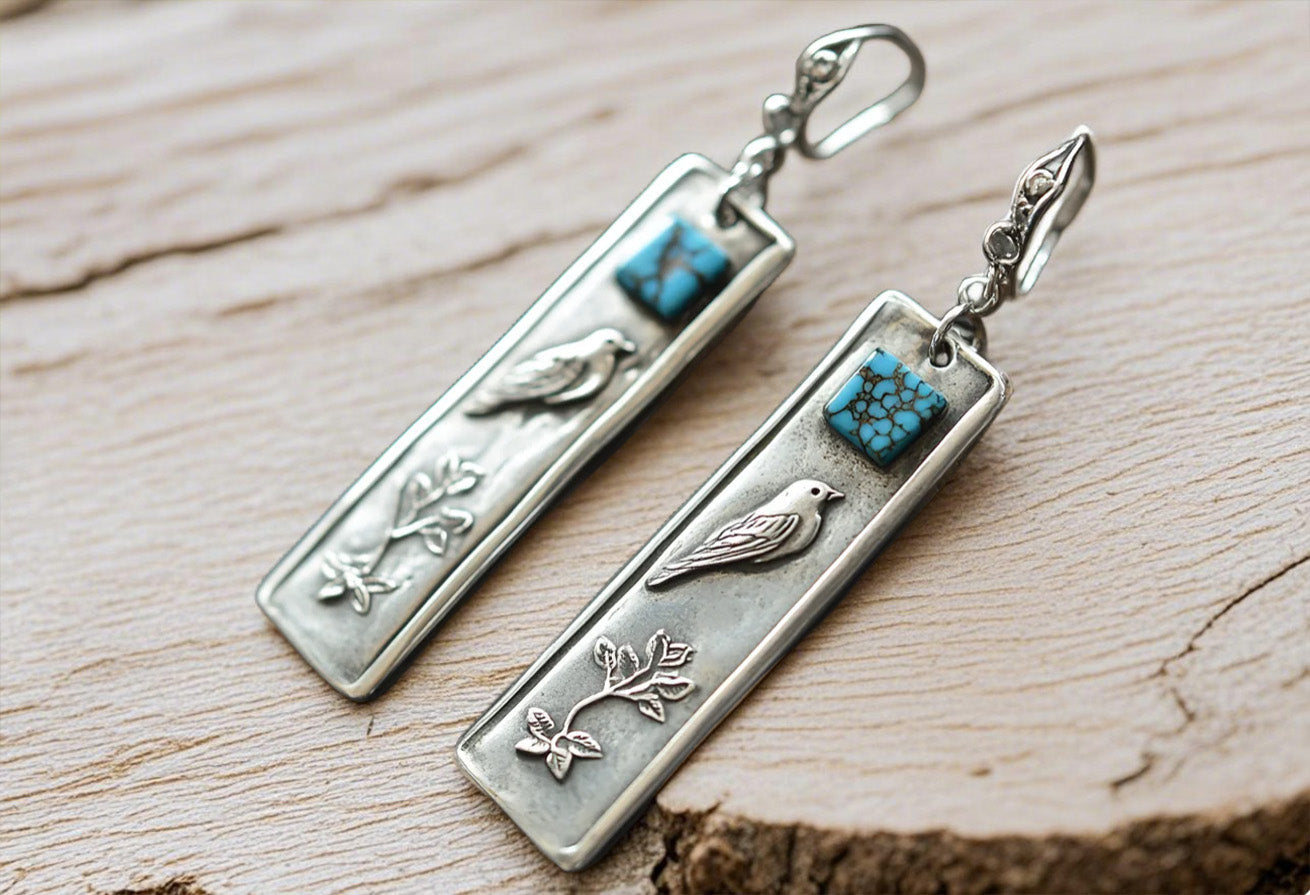 Rustic Bird & Branch Dangle Earrings with Turquoise Accent