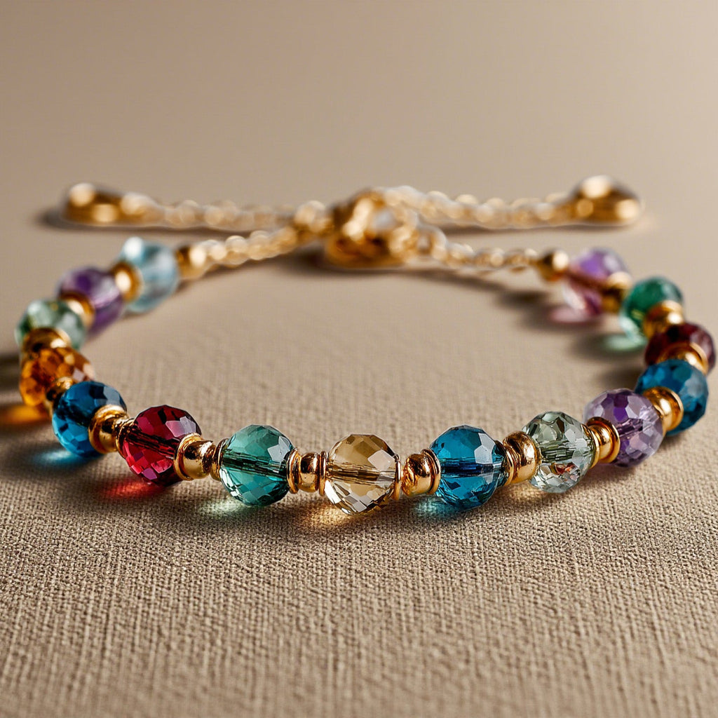 Multicolor Crystal Beaded Bracelet – Adjustable Gold-Tone Boho Chic Jewelry