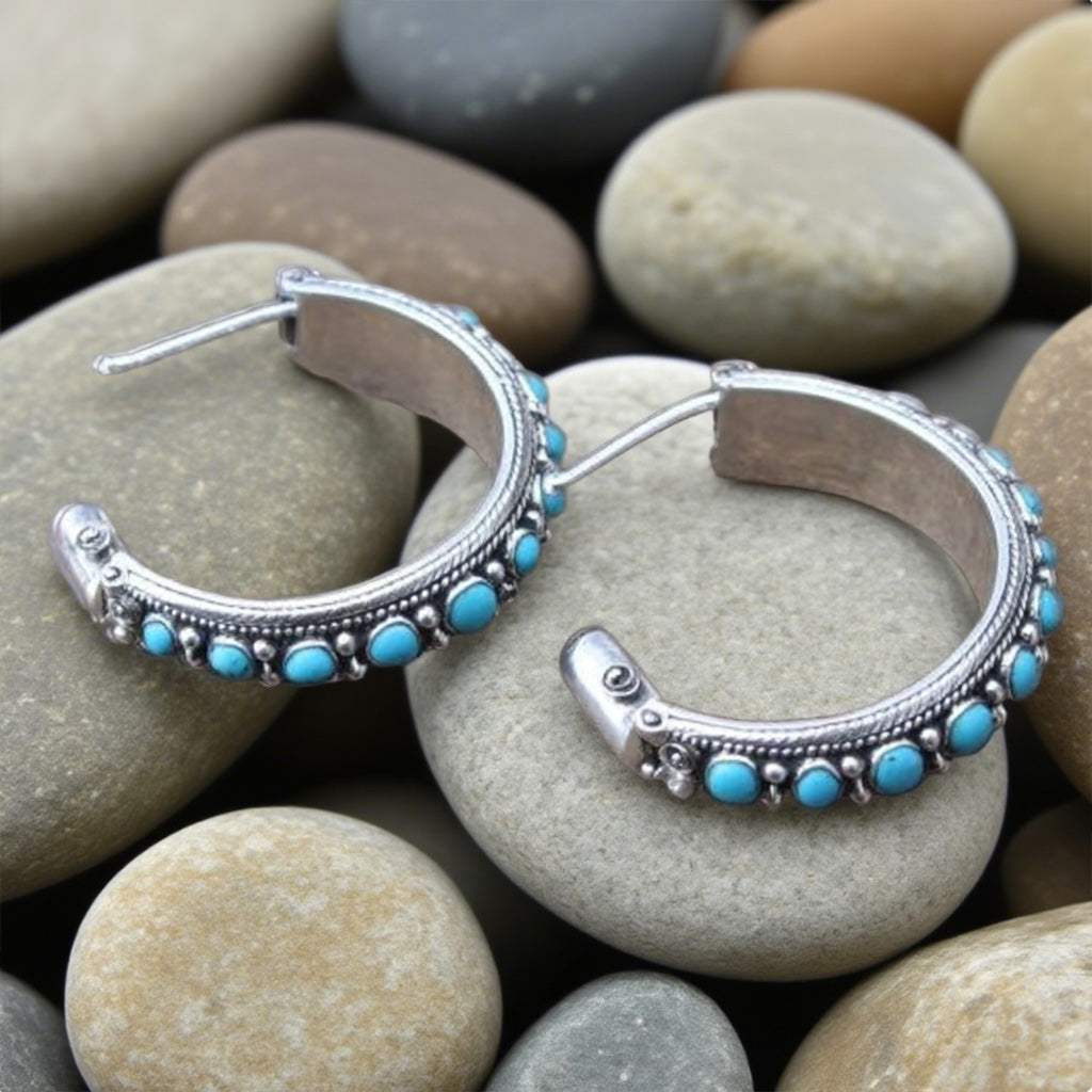 Vintage Silver Half Hoop Earrings with Turquoise Accents – Bohemian Tribal Style Jewelry