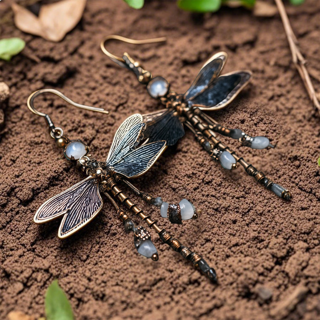 Vintage Dragonfly Dangle Earrings with Beads and Patina Wings