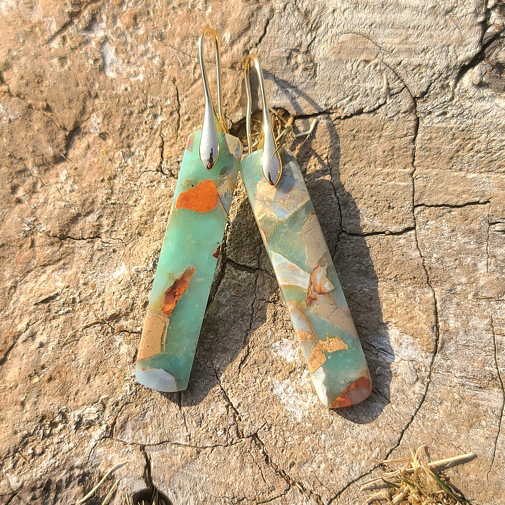 Handmade Mint Green & Terracotta Mosaic Resin Earrings – Long Rectangular Drop with Gold Hooks