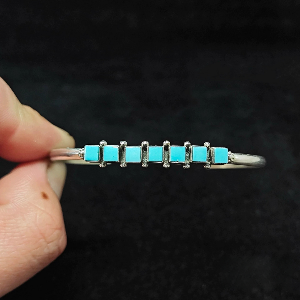 Sterling Silver Cuff Bracelet with Square Turquoise Inlays – Handmade Zuni-Style Minimalist Bangle