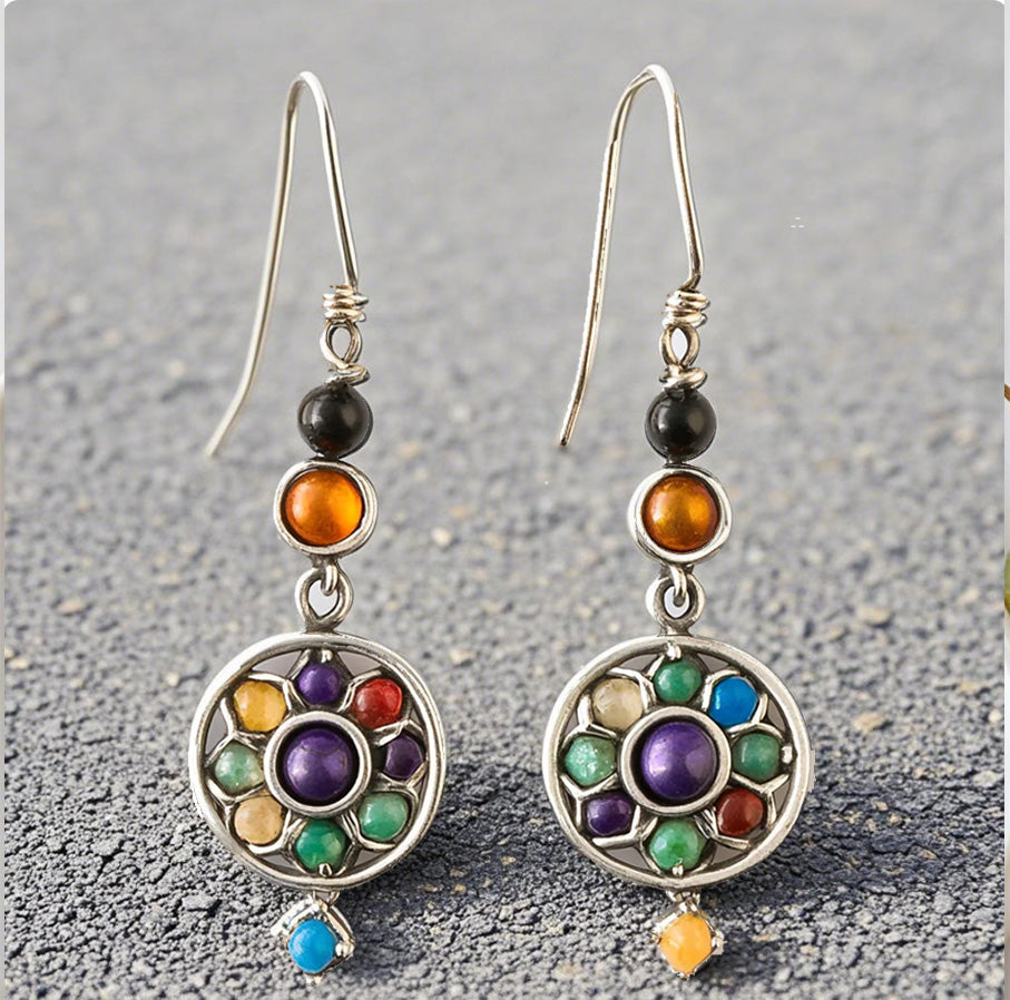 Bohemian Chakra Drop Earrings – Handmade Colorful Gemstone Dangle Earrings for Women