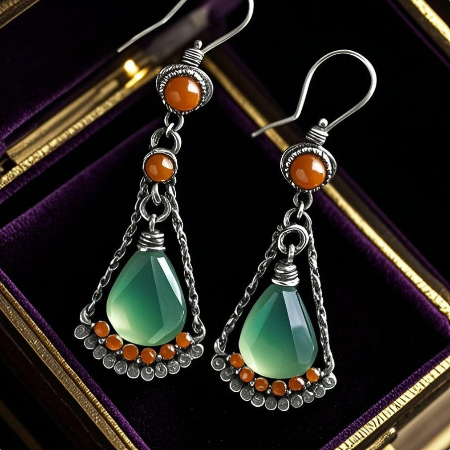 Elegant Silver Teardrop Earrings with Green and Orange Accents