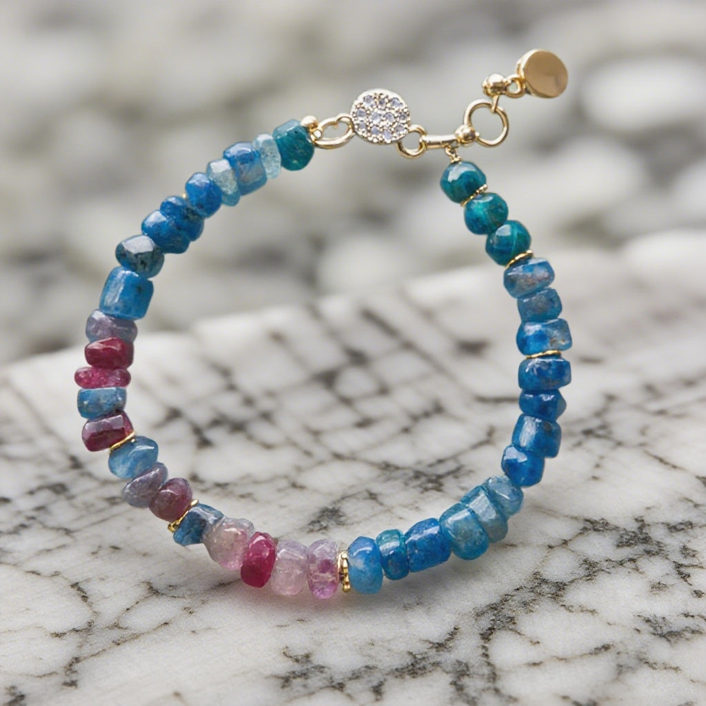 Natural Sapphire Gradient Bead Bracelet – Handcrafted Gemstone Jewelry with Gold Accents