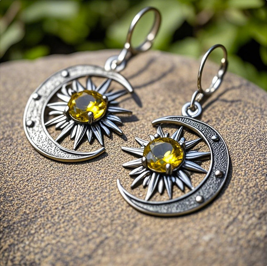 Sun and Moon Sterling Silver Earrings with Yellow Gemstone