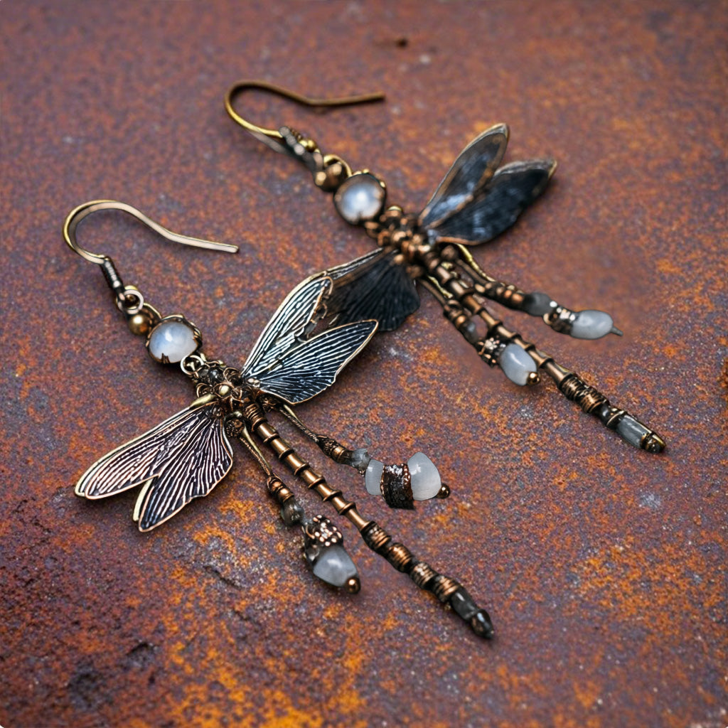 Vintage Dragonfly Dangle Earrings with Beads and Patina Wings