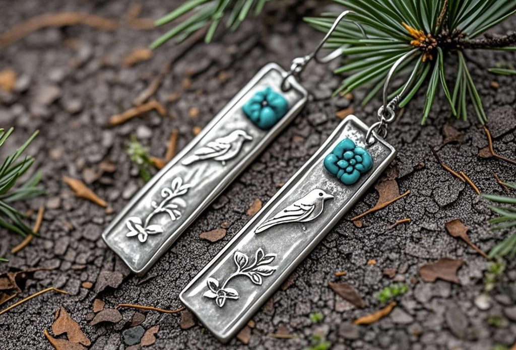 Nature-Inspired Jewelry for Women-Handmade Silver-Tone Dangle Earrings with Turquoise Accent