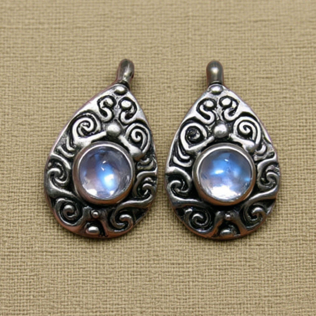 Moonstone Teardrop Earrings – Vintage Boho Sterling Silver Swirl Design Goddess Jewelry