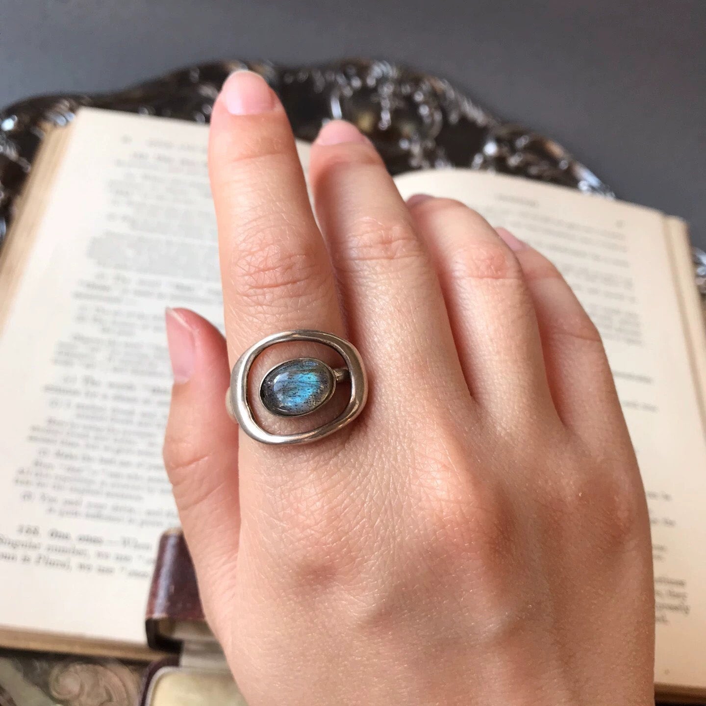 Modern Labradorite Triangle Ring – Sculptural Sterling Silver Open Frame Design
