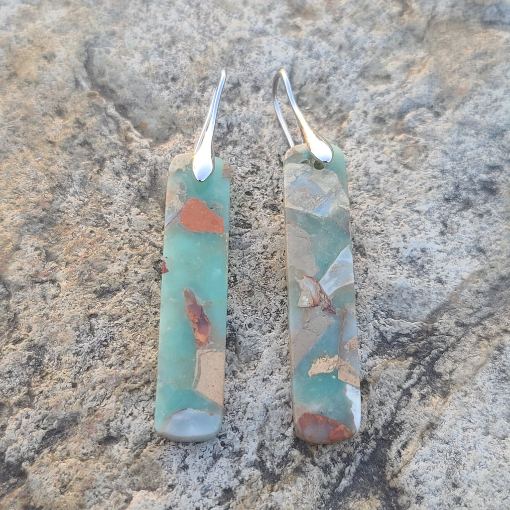 Handmade Sage Green & Earth-Tone Mosaic Resin Earrings – Long Rectangular Drops with Silver Hooks