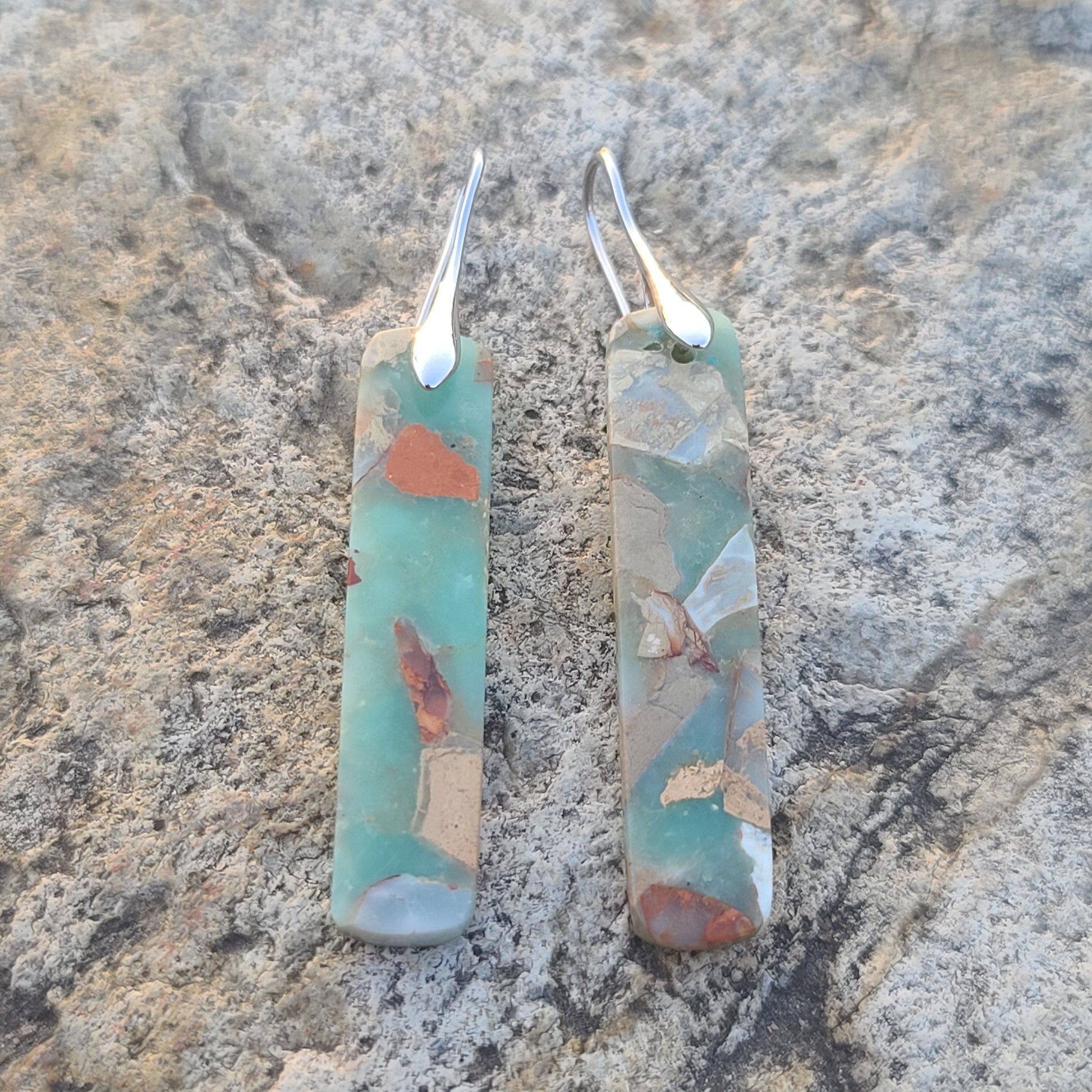 Handmade Sage Green & Earth-Tone Mosaic Resin Earrings – Long Rectangular Drops with Silver Hooks