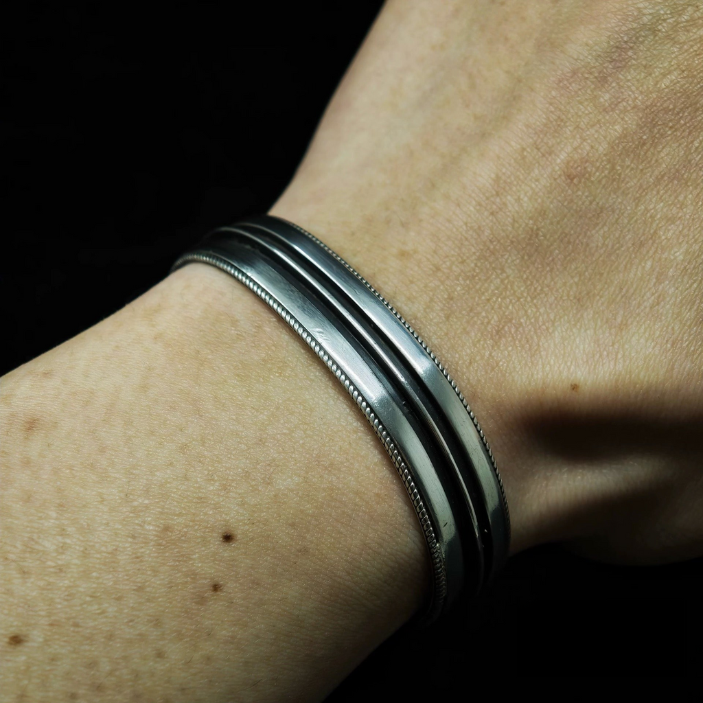 Minimalist Sterling Silver Cuff Bracelet with Dual Groove Design –  Handmade Polished Bangle
