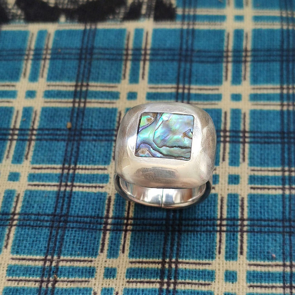 Modern Sterling Silver Abalone Ring – Bold Square Inlay Statement Ring with Ocean Iridescence