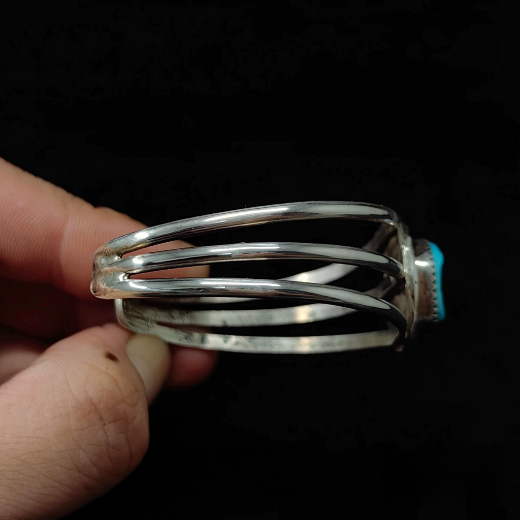 Handmade Sterling Silver Cuff Bracelet with Natural Turquoise – Triple Band Southwestern Style Bangle