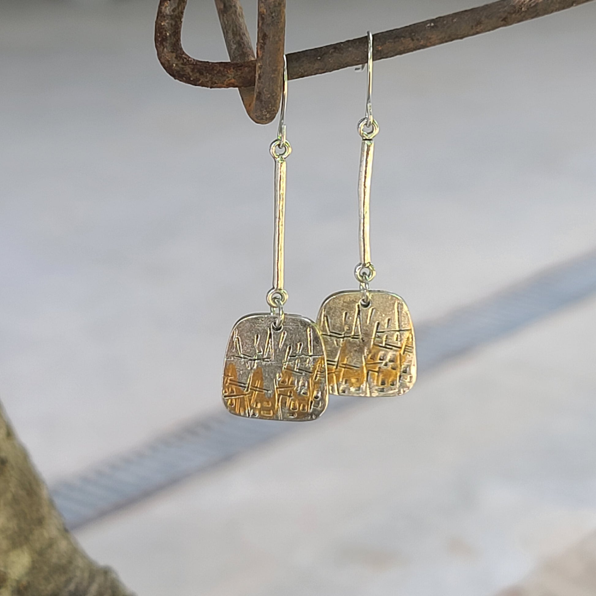 Modern Textured Drop Earrings – Gold-Tone Geometric Dangles with Artisan Finish