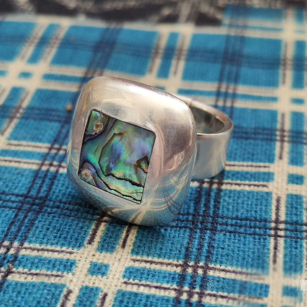 Modern Sterling Silver Abalone Ring – Bold Square Inlay Statement Ring with Ocean Iridescence