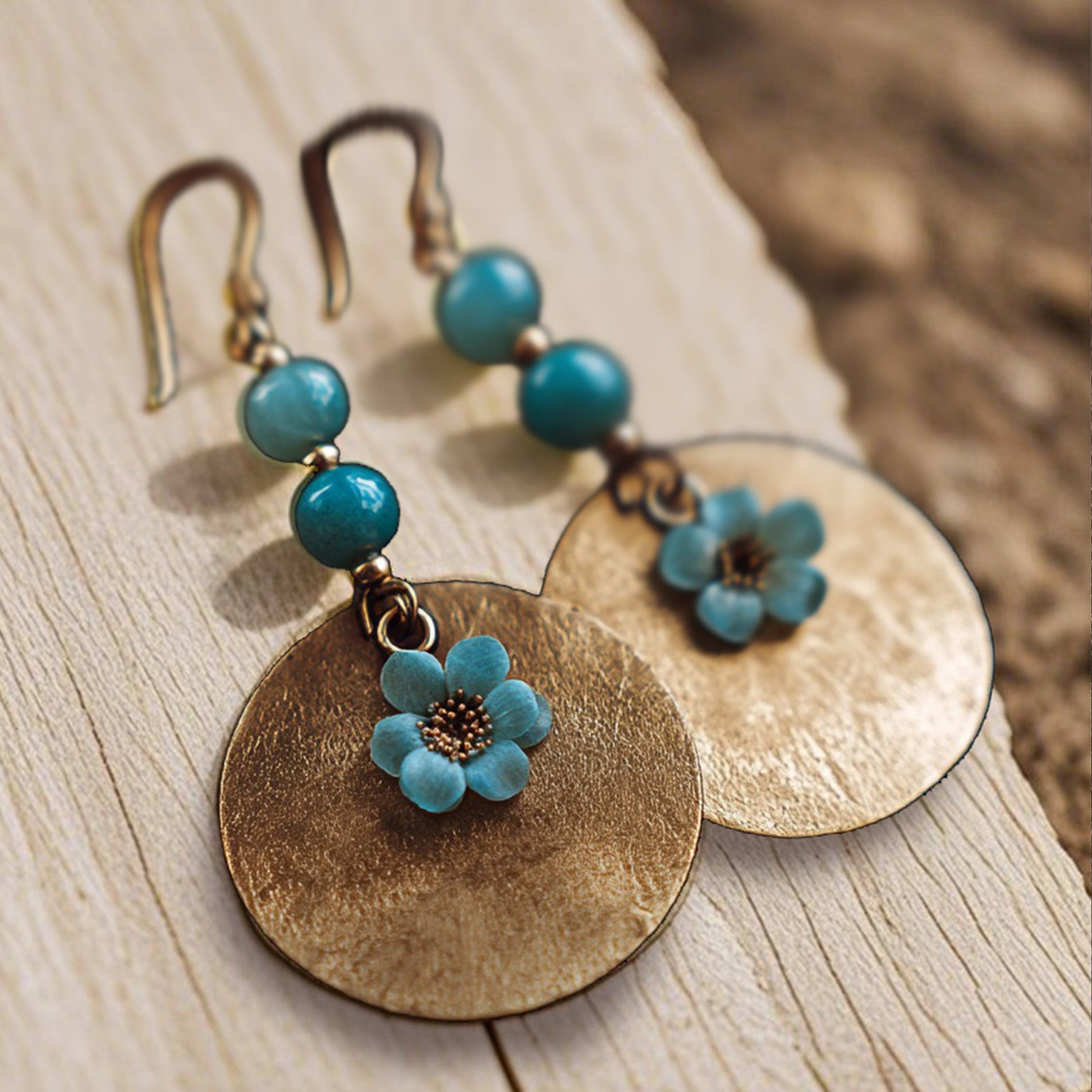 Golden Disc Dangle Earrings with Blue Beads and Flower Charm