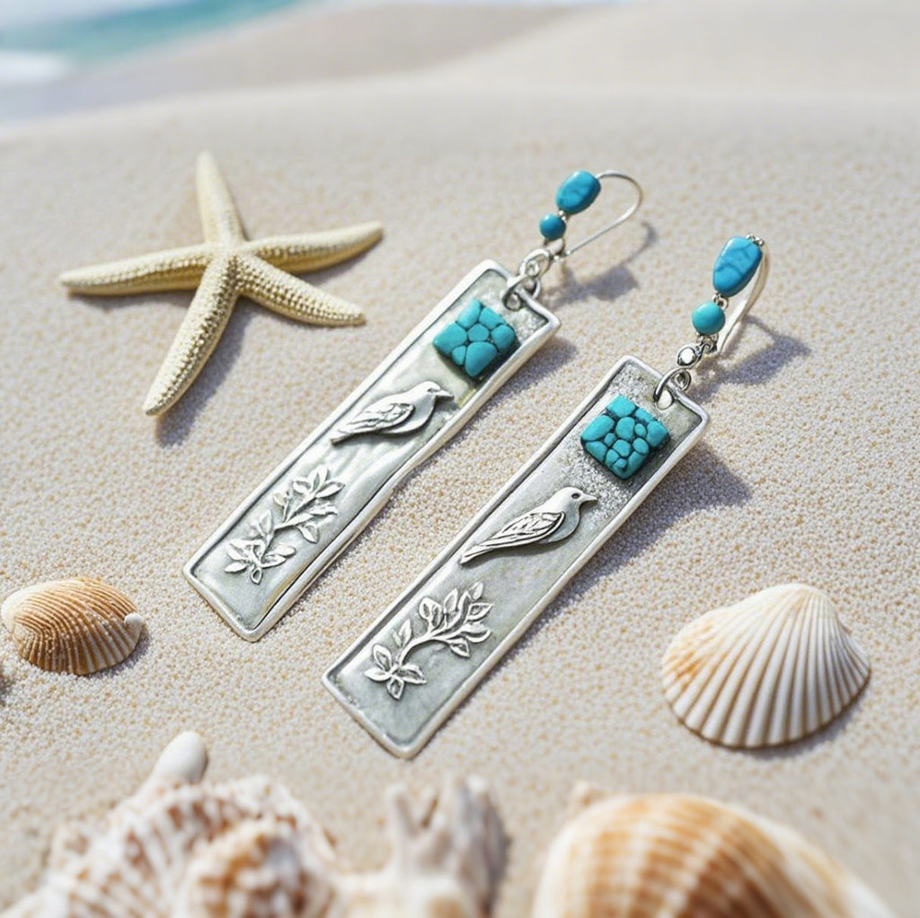 Nature-Inspired Jewelry for Women-Handmade Silver-Tone Dangle Earrings with Turquoise Accent