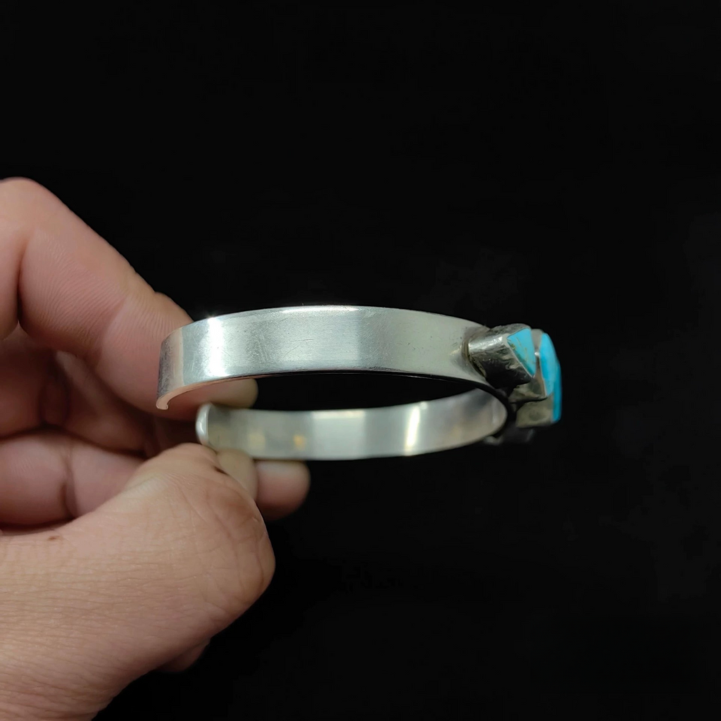 Sterling Silver Cuff Bracelet with Diamond-Shaped Turquoise Inlays – Handmade Southwestern Statement Bangle