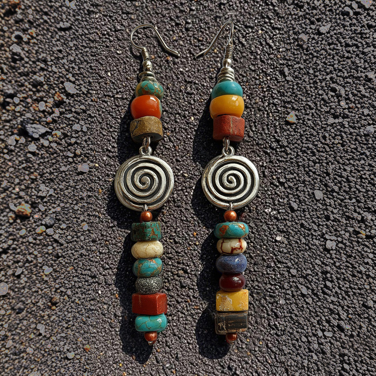 Bohemian Tribal Spiral Earrings – Colorful Stacked Beads & Antique Silver Swirl Design