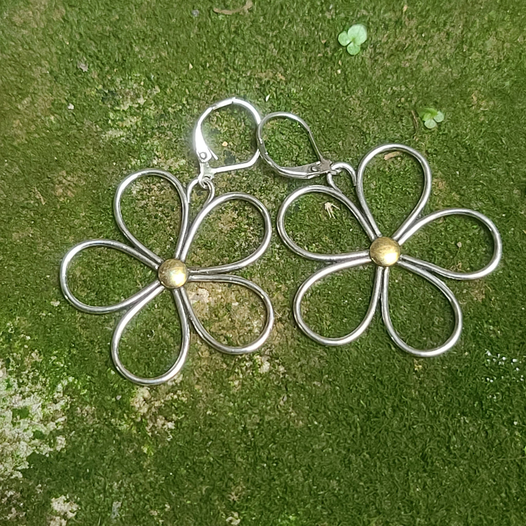 Whimsical Flower Earrings - Handmade Silver Flower Drops with Gold Center