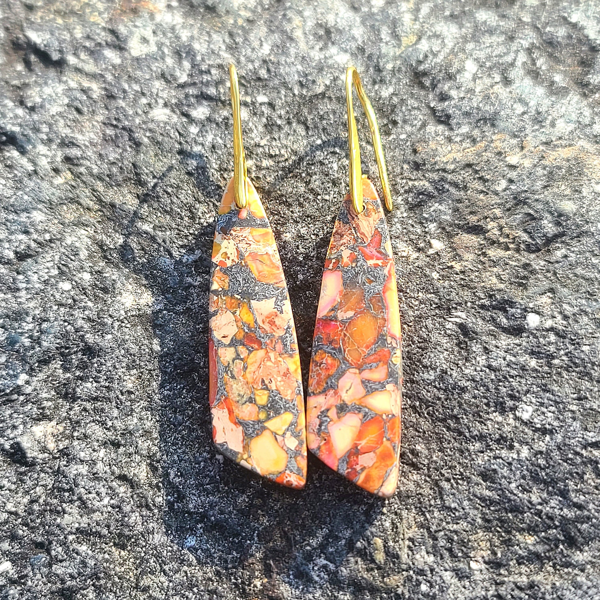 Handcrafted Fiery Orange Mosaic Resin Earrings – Bold Geometric Drop Design with Gold Hooks