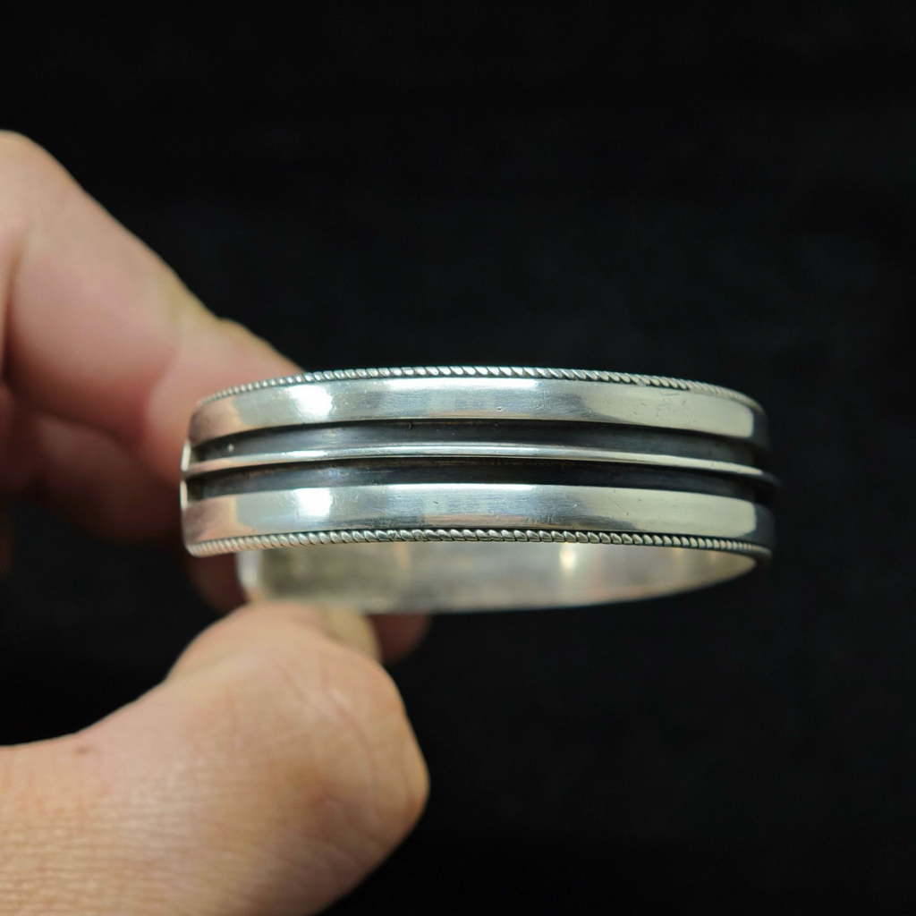 Minimalist Sterling Silver Cuff Bracelet with Dual Groove Design –  Handmade Polished Bangle