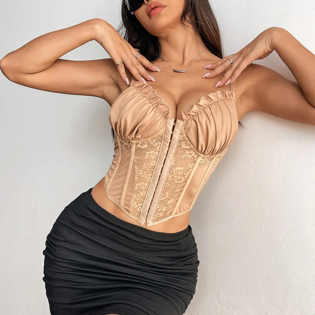 Lace Ruffle Bustier with Button Front & Boning