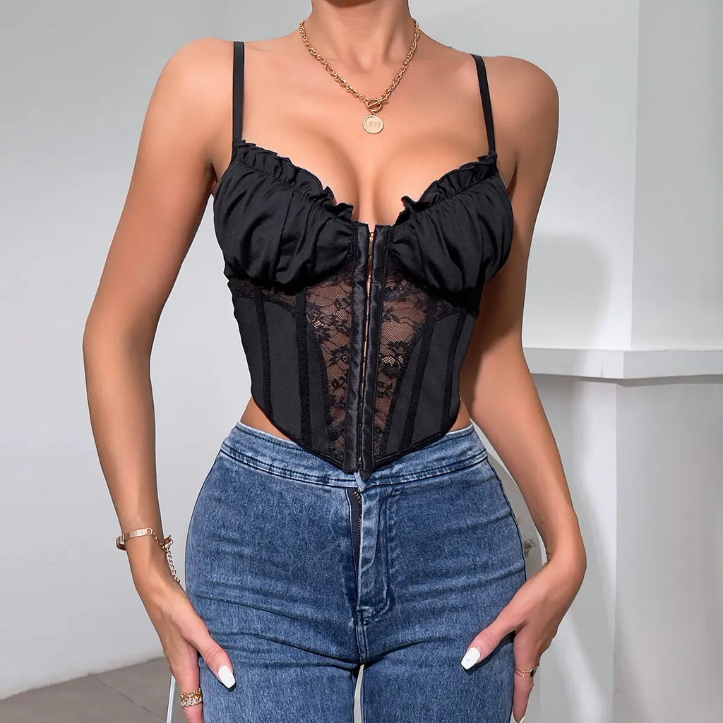 Lace Ruffle Bustier with Button Front & Boning