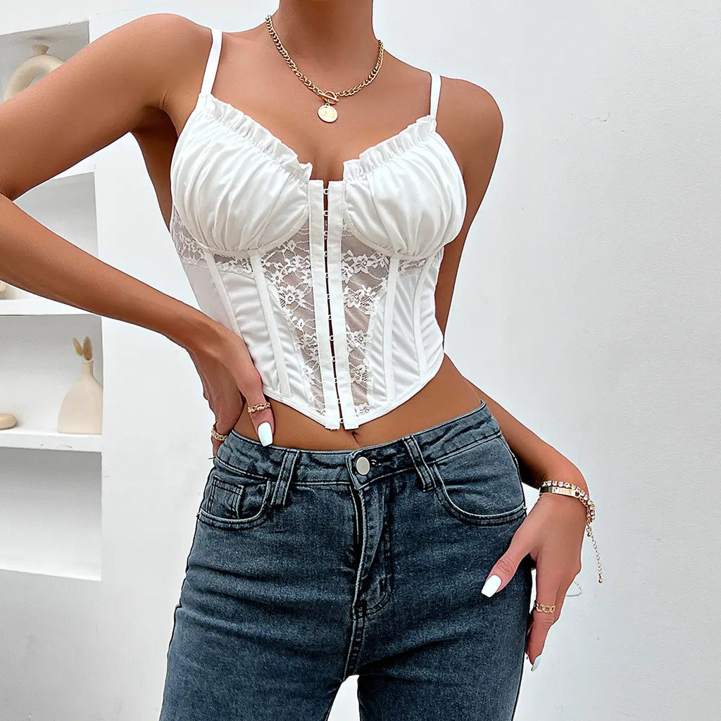 Lace Ruffle Bustier with Button Front & Boning
