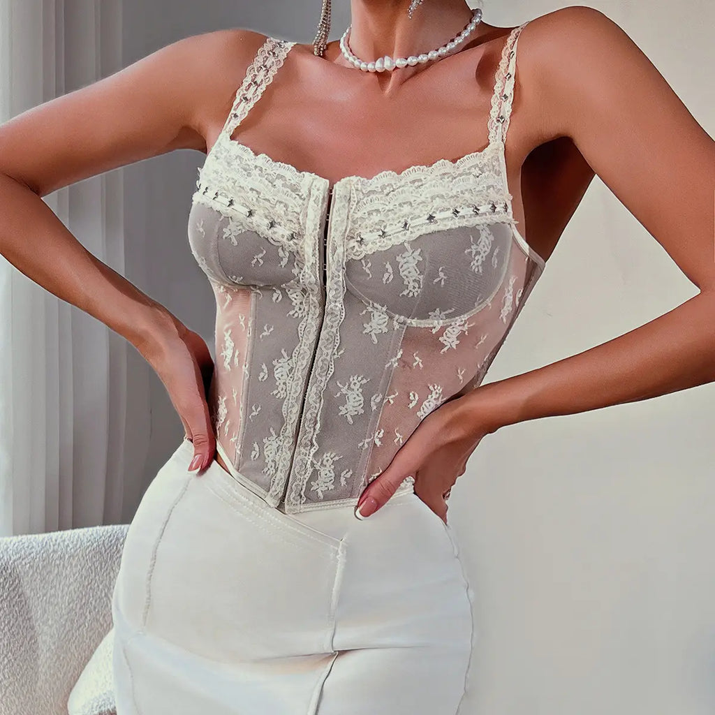 French-Style Lace Panel Bustier with Metal Accents