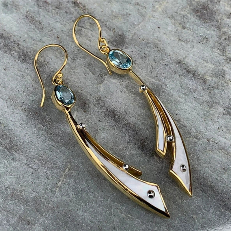 Gold Blue Crystal Gemstone Drop Earrings – Elegant Evening Jewelry