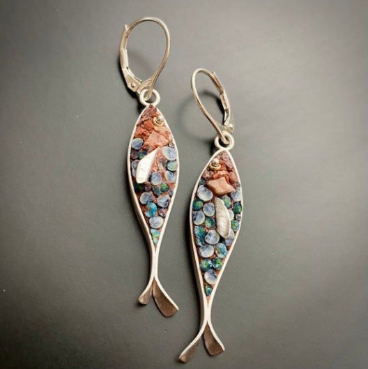 Retro Fish Inlaid Turquoise Earrings – Vintage Boho Creative Design