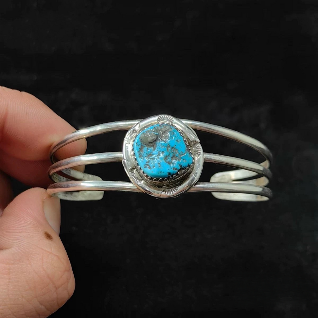 Handmade Sterling Silver Cuff Bracelet with Natural Turquoise – Triple Band Southwestern Style Bangle