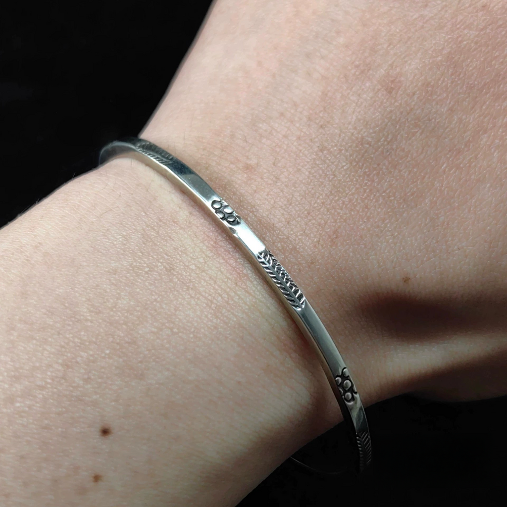 Minimalist Stamped Sterling Silver Cuff Bracelet – Thin Handcrafted Boho Bangle for Women and Men