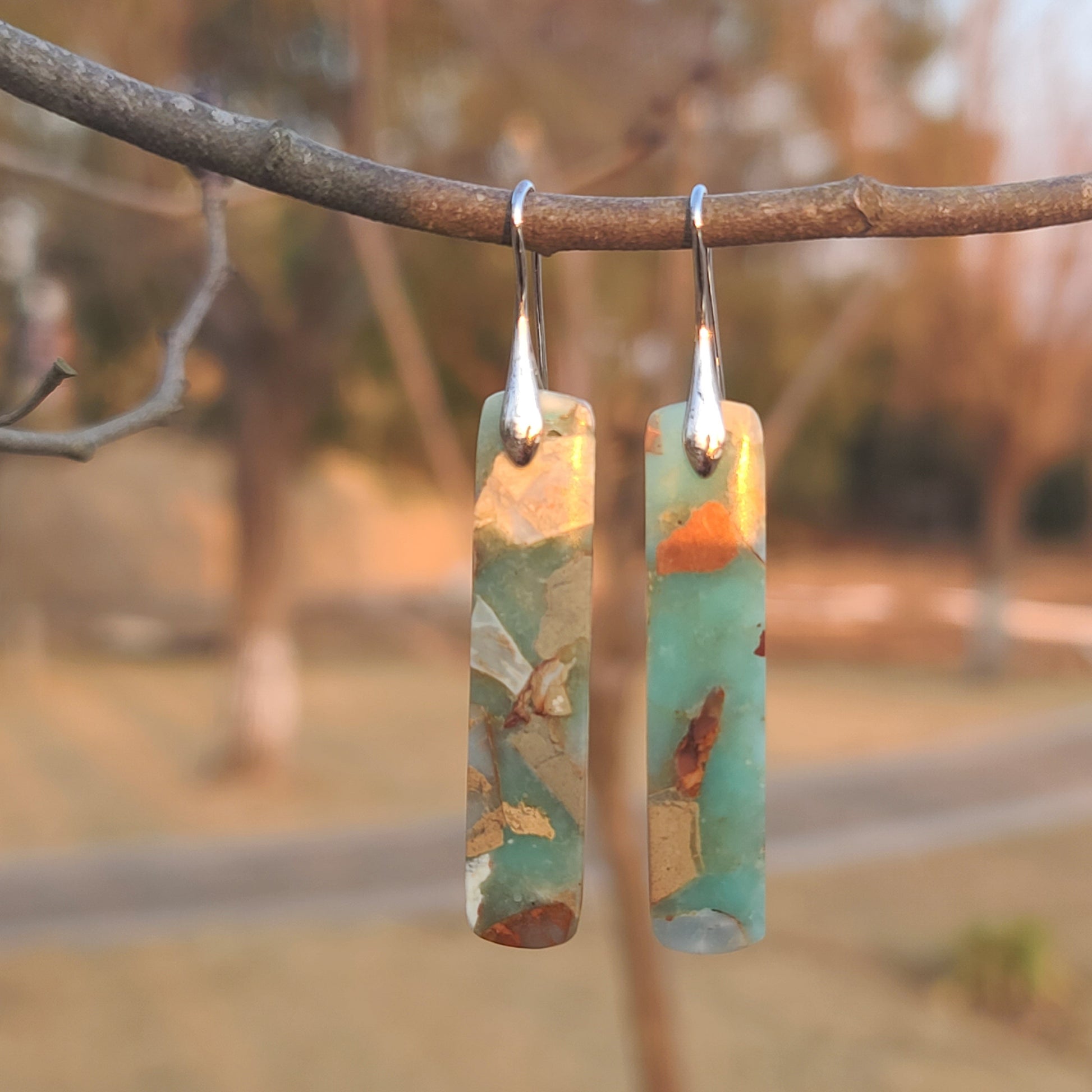 Handmade Mint Green & Terracotta Mosaic Resin Earrings – Long Rectangular Drop with Gold Hooks