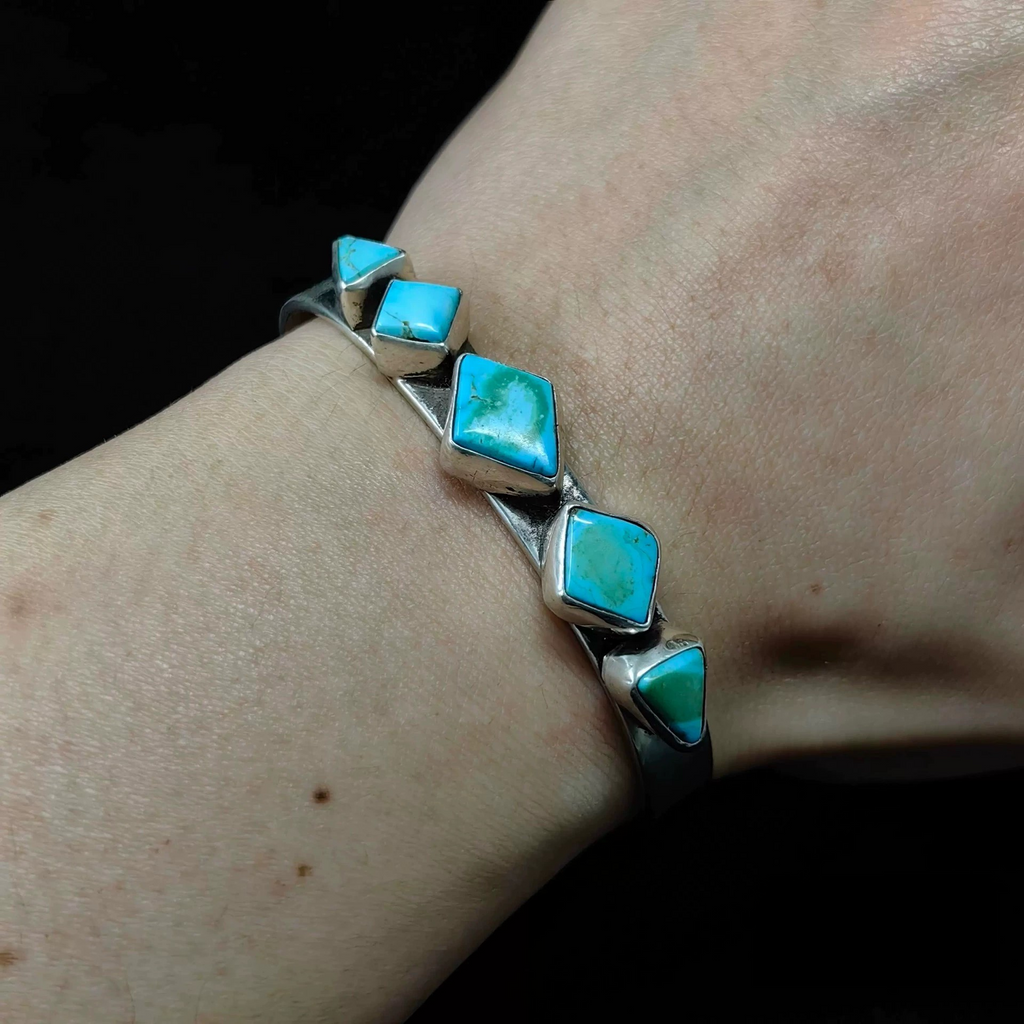 Sterling Silver Cuff Bracelet with Diamond-Shaped Turquoise Inlays – Handmade Southwestern Statement Bangle