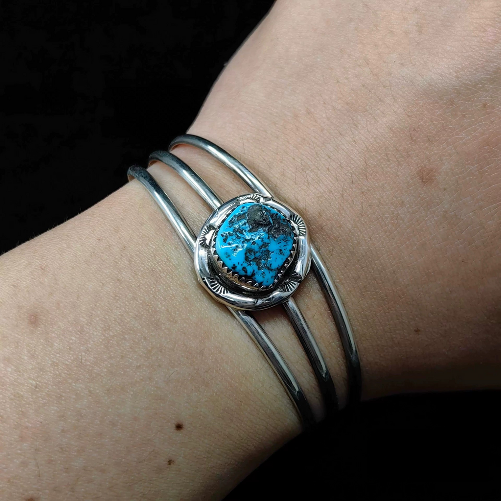 Handmade Sterling Silver Cuff Bracelet with Natural Turquoise – Triple Band Southwestern Style Bangle
