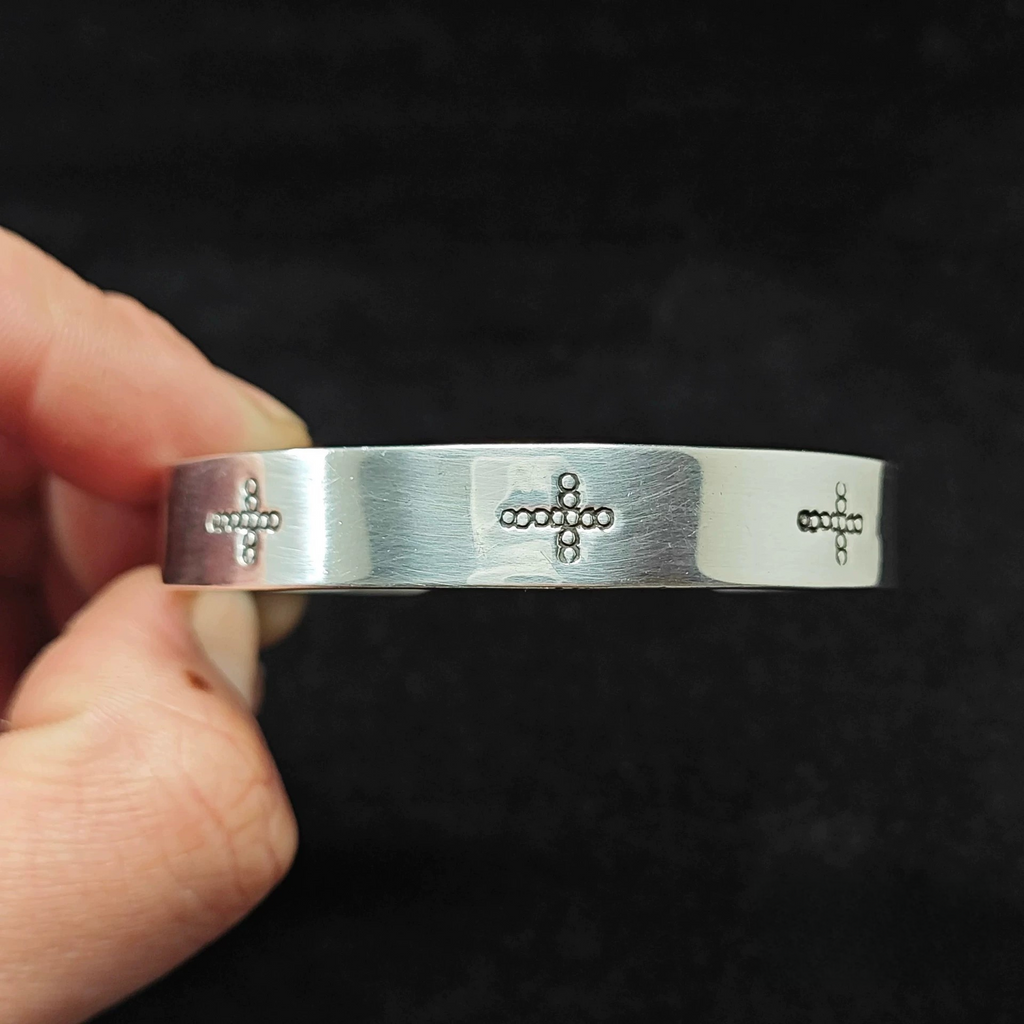 Minimalist Sterling Silver Cuff Bracelet with Stamped Cross and Dot Accents – Handmade Unisex Bangle