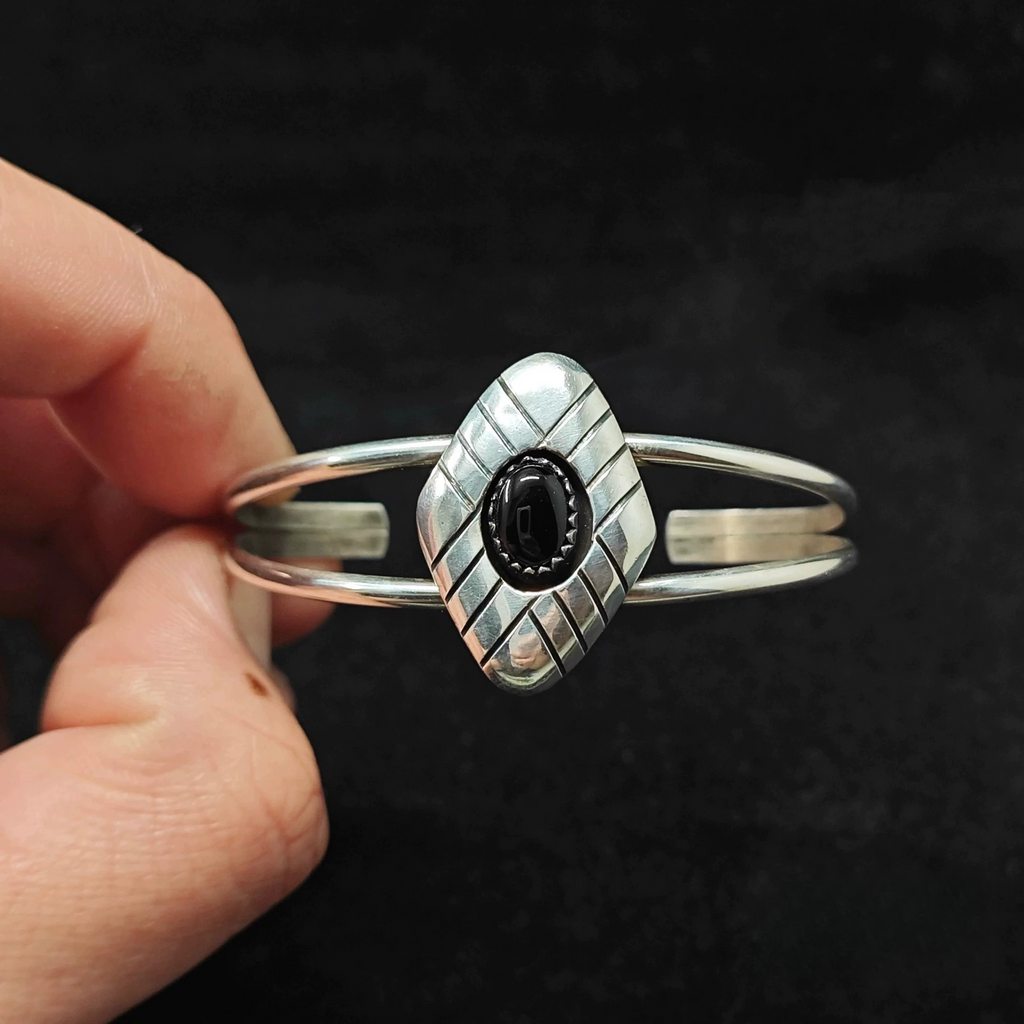 Handmade Sterling Silver Cuff Bracelet with Black Onyx – Geometric Shield Design Double Band Bangle