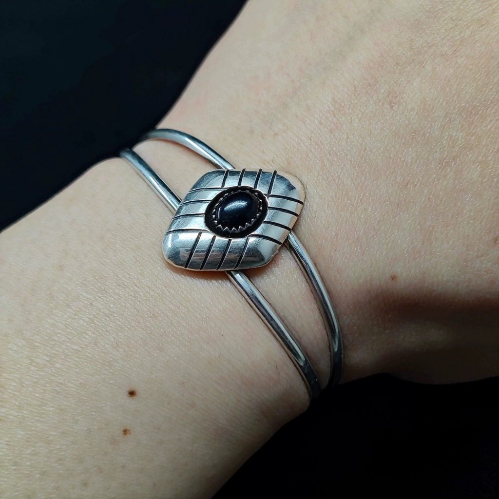 Handmade Sterling Silver Cuff Bracelet with Black Onyx – Geometric Shield Design Double Band Bangle