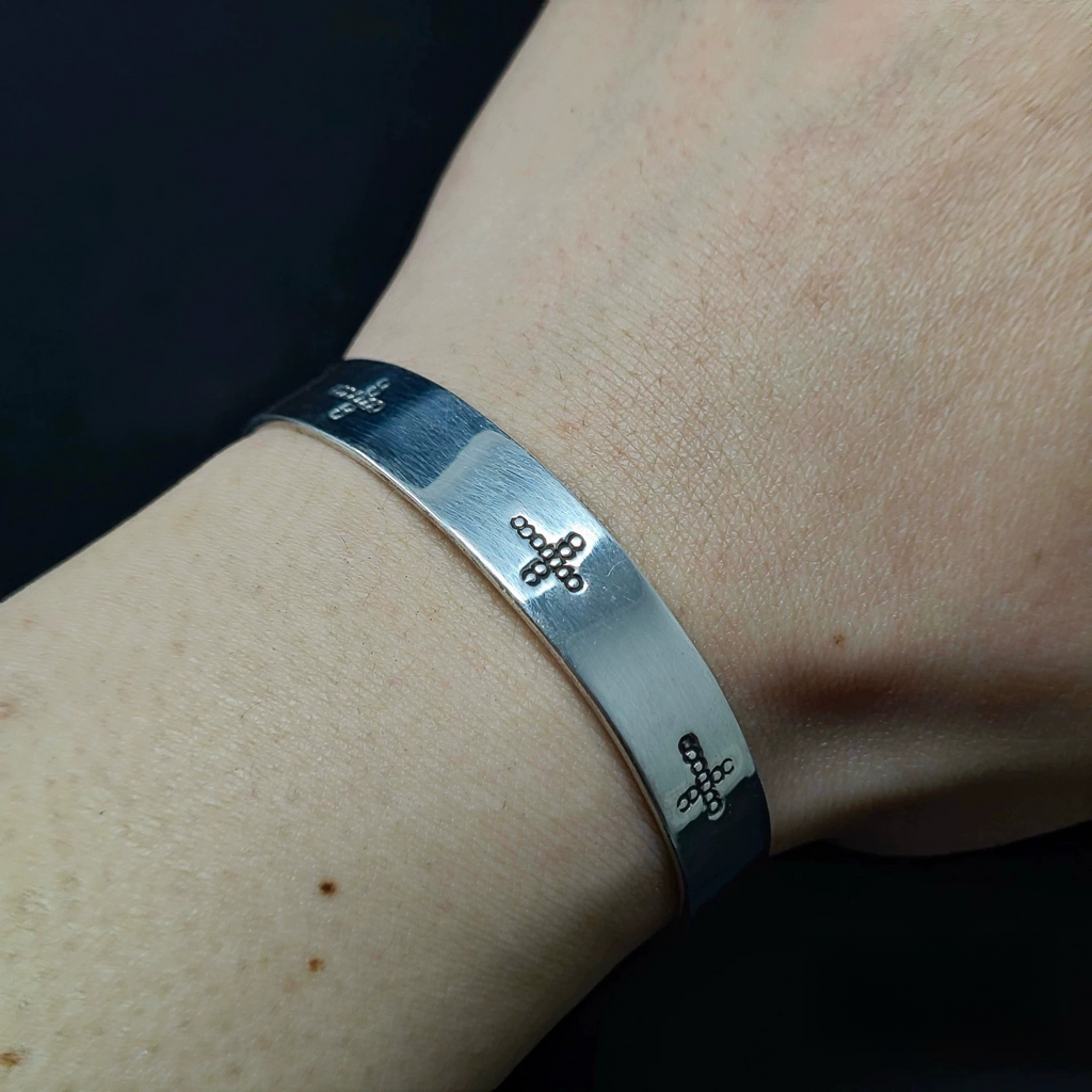 Minimalist Sterling Silver Cuff Bracelet with Stamped Cross and Dot Accents – Handmade Unisex Bangle