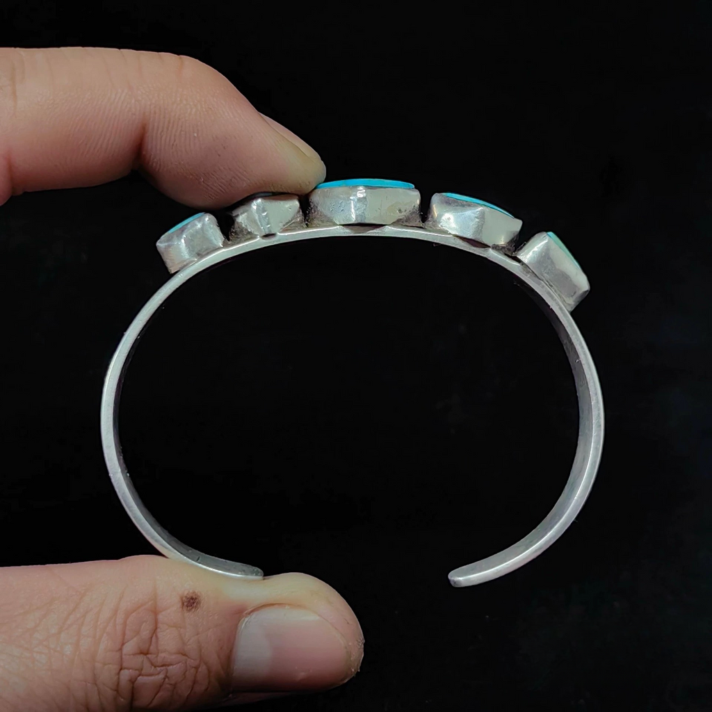 Sterling Silver Cuff Bracelet with Diamond-Shaped Turquoise Inlays – Handmade Southwestern Statement Bangle