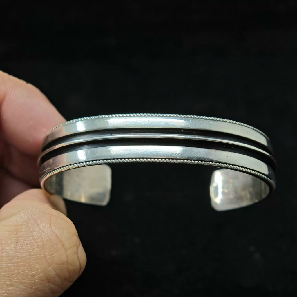 Minimalist Sterling Silver Cuff Bracelet with Dual Groove Design –  Handmade Polished Bangle