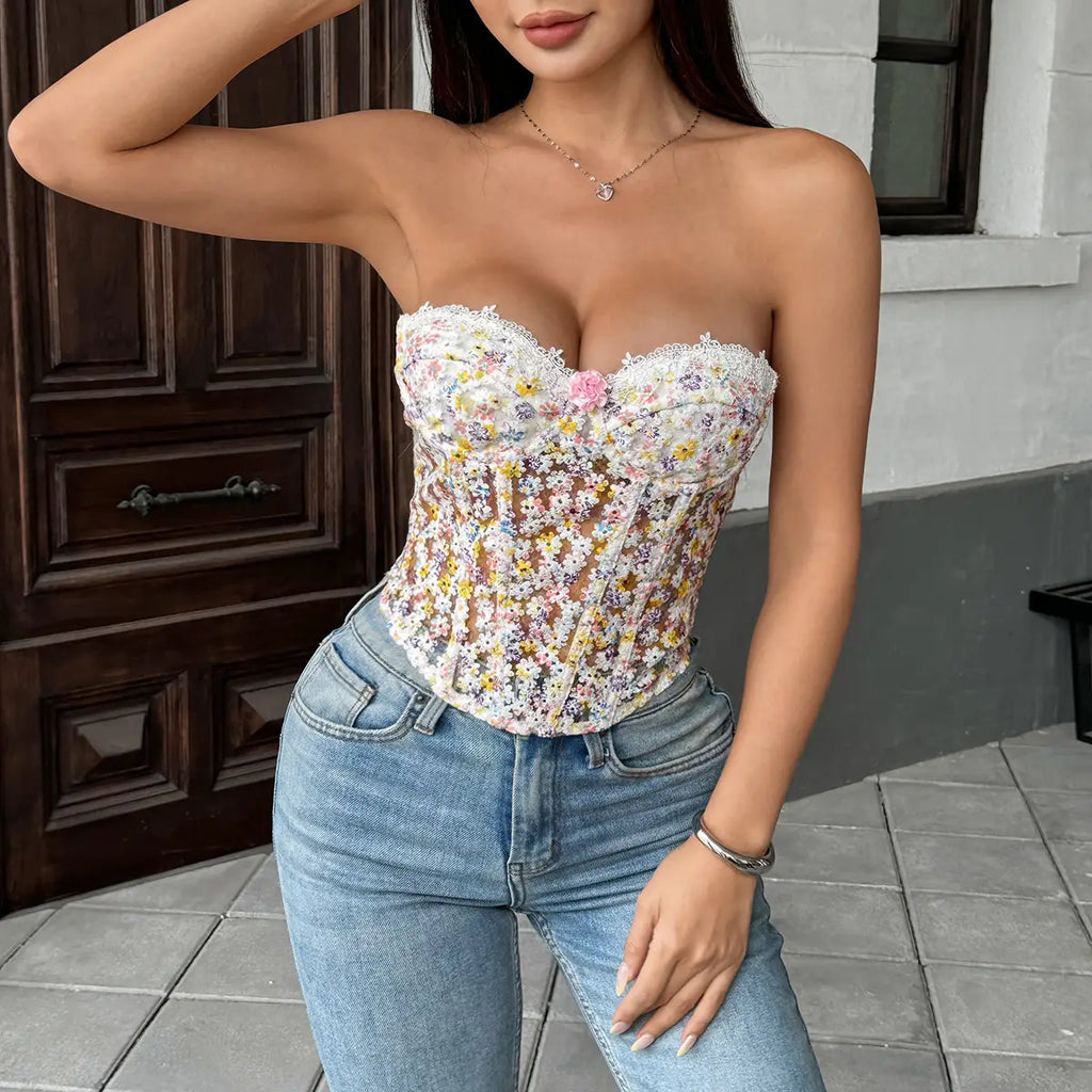 Floral Embroidered Underwire Bustier with Boning & Lace-Up